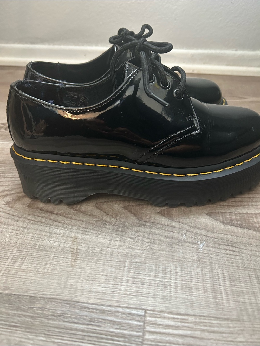 Dr. Martens Black Patent 3-Eye Oxblood-Style Lug Shoe with Yellow Stitching - Picture 3 of 5